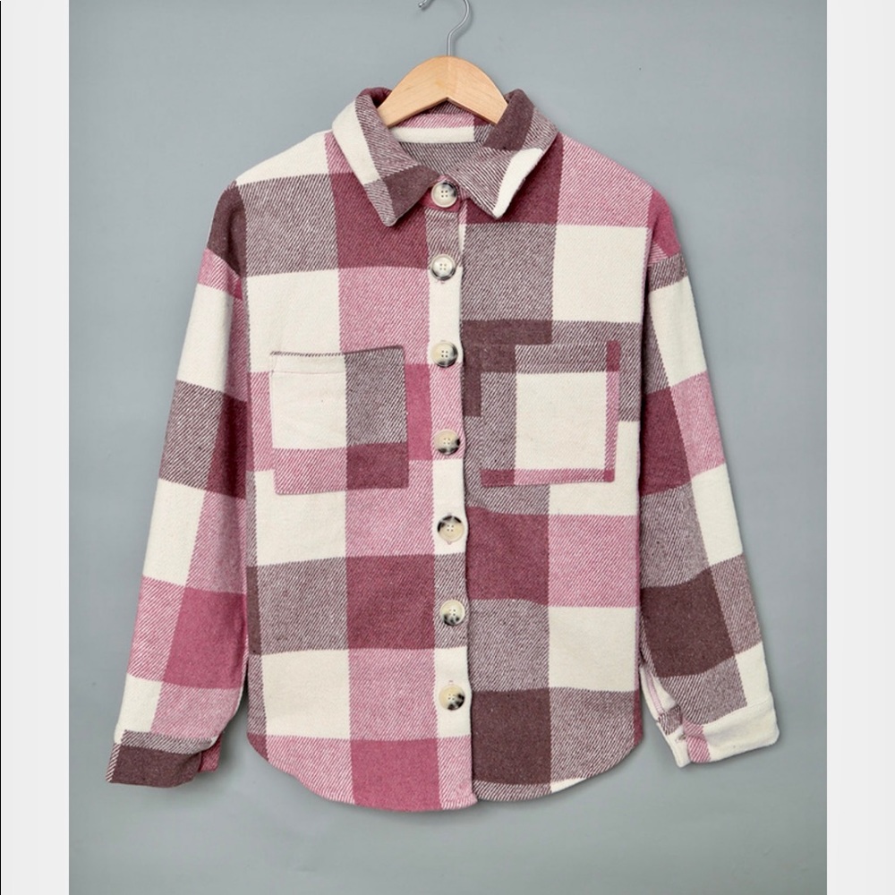 Pink/Off White Plaid Shirt Jacket, Shacket! * - Picture 3 of 10